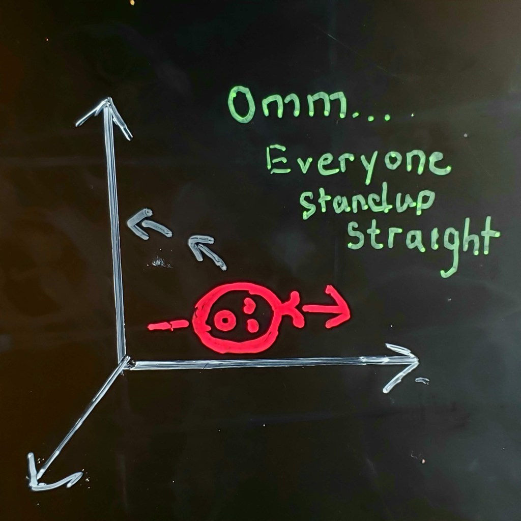 There are three axis lines: XYZ, Between Y and Z, is a drawing of a face with an arrow through it that is parallel to the y-axis. There are two arrows going from the head towards the Z--axis indicating that the head is in motion.  There is a handwritten caption that says:  Ommm...everyone stand-up straight.