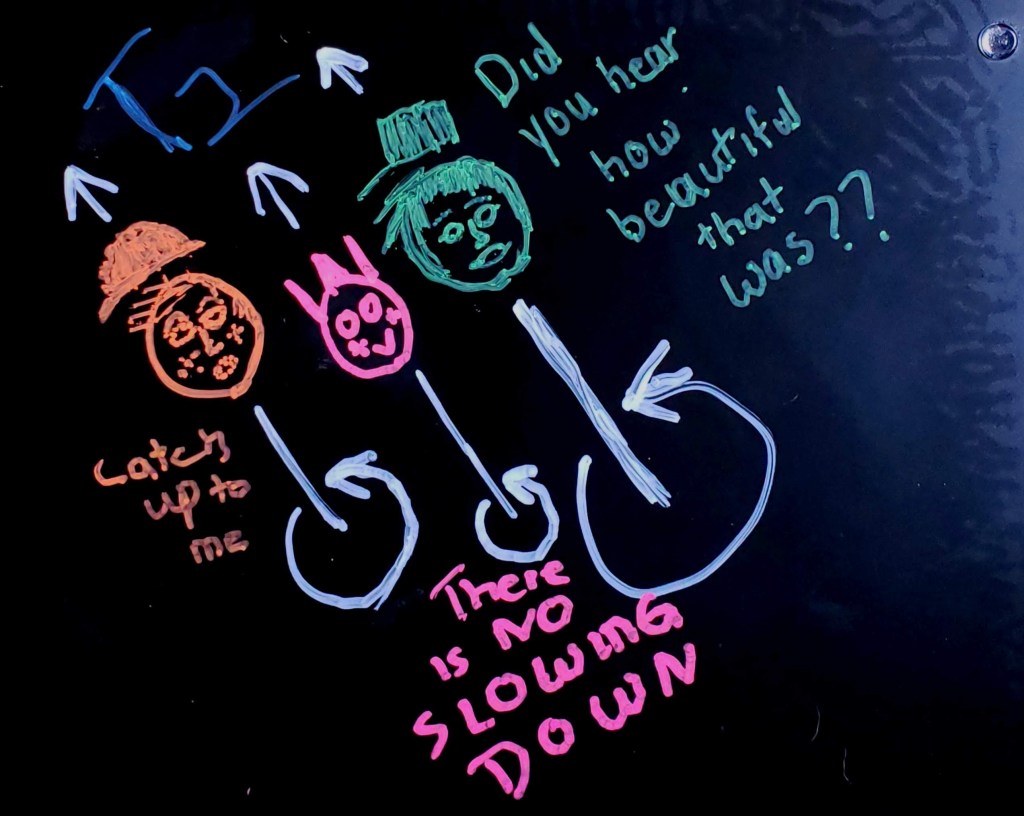  Three faces, each with an arrow through them. there is hair is standing up or is blowing in the wind.  Two of them have hats that are not quite touching their heads.  At the bottom of the each up and down arrow is another arrow that indicates that the face is spinning and each of them are spinning at a different speed.  Each face has text that goes with it  and that text reads:  "Catch up to me", "There is no slowing down" and "Did you hear how beautiful that was." 